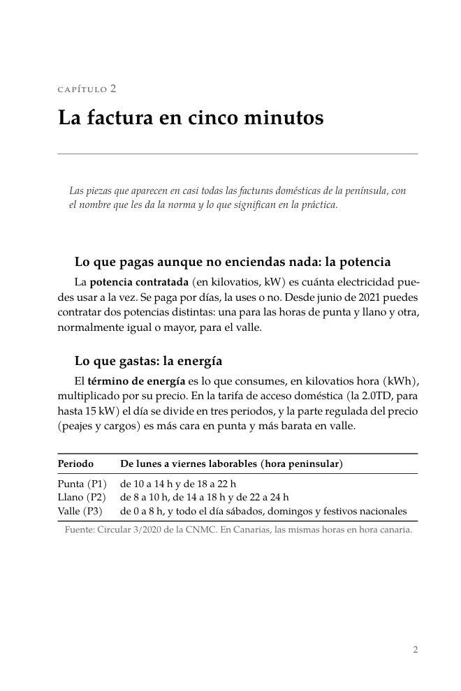 Página: la factura en cinco minutos, con la tabla de periodos punta, llano y valle